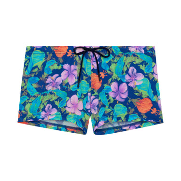Colorful floral-patterned swim shorts on a white background